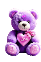 a purple teddy bear is holding a pink heart with the word love on it