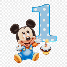 baby mickey mouse is holding a cupcake and a candle in front of the number one