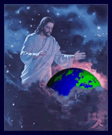 jesus is standing on top of the earth in the clouds .