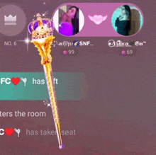 a gold wand with a crown on it is in front of a screen that says fc has taken seat