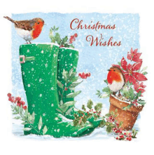 a christmas card with a bird sitting on a green boot and a potted plant .