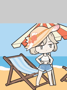 a girl wearing a hat and shorts is standing next to a beach chair and an umbrella