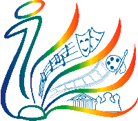 a drawing of an open book with a rainbow colored swirl of music theatre and film