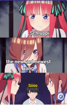 a collage of anime characters with the words schluppi the new und newest yang soso