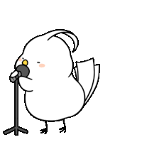 a cartoon bird is singing into a microphone while holding a book in its beak .