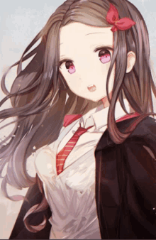 a girl with long hair and pink eyes is wearing a black jacket and tie