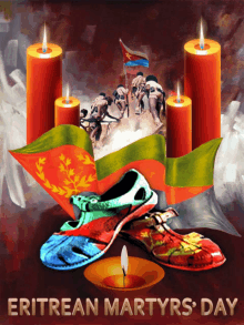 a poster for eritrean martyrs day with candles and flags