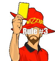 a man wearing a red hat holds up a yellow card with rule # 3 written on it