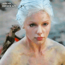 a woman with white hair and a bat behind her is made with the reface app