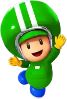 a cartoon character wearing a green helmet and a green jacket