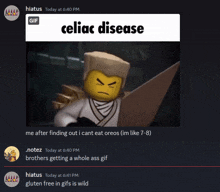 a screenshot of a conversation between hiatus and notez with a picture of a lego character