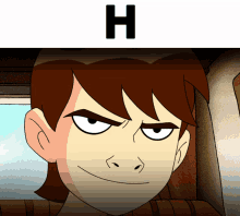 a close up of a cartoon character with the letter h above it