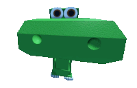 a green block with a frog face and blue eyes