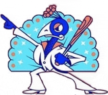 a peacock in a white suit is holding a baseball bat and pointing at something .