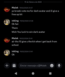 a screenshot of a chat between malek and inkling