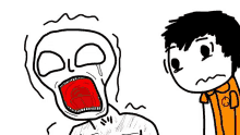 a cartoon of a man standing next to a screaming skull with a red mouth .