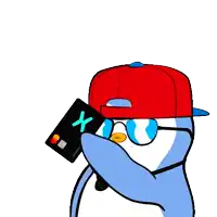 a penguin wearing a red hat and sunglasses is holding a credit card