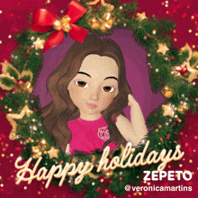 a picture of a girl in a christmas wreath that says happy holidays zepeto