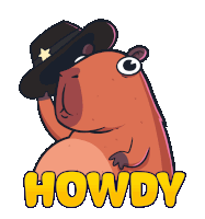 a cartoon hamster wearing a cowboy hat and the word howdy below it