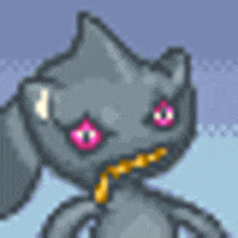 a pixel art drawing of a gray cat with pink eyes and a yellow necklace .