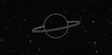 a black and white drawing of a planet with rings around it in space .