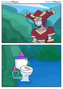 a cartoon of a woman standing next to a toilet with the words deviantart / bleyzen on the bottom