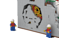 two lego figures standing next to a brick wall with a hole in it