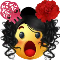 a surprised smiley face with black hair and a red flower on her head