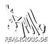 a black and white logo for a website called realicious.de .