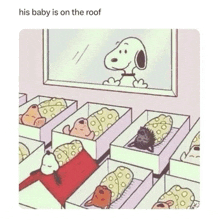 a cartoon of snoopy looking out of a window at a group of babies in cribs .