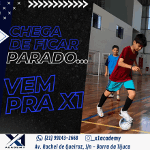 a poster for x1 academy shows a boy kicking a soccer ball