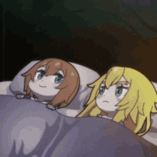 two anime characters are laying in bed together