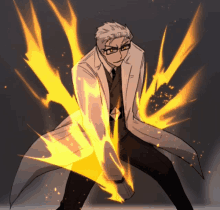 a drawing of a man in a white coat with fire behind him