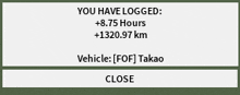 a sign that says you have logged +8.75 hours +1320.97 km