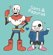 a drawing of sans and papyrus standing next to each other on a blue background