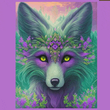 a painting of a green and purple fox with yellow eyes on a purple background