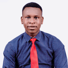 a young man wearing a blue shirt and red tie