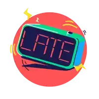 a colorful alarm clock with the word late written on it