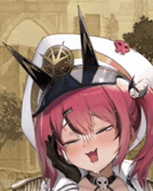 a girl with pink hair is wearing a captain 's hat and a skull choker .