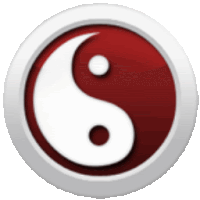 a red and white yin yang symbol in a white circle on a white background