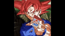 goku from dragon ball z is holding a card in his hand .