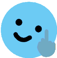 a blue smiley face with a black nose and black eyes is giving the middle finger