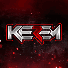 a red and silver logo for keem with a dark background