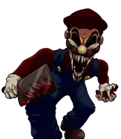 a drawing of a cartoon character holding a bloody knife with the word mario on it