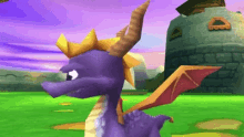 a cartoon dragon with a crown on its head is standing in front of a castle