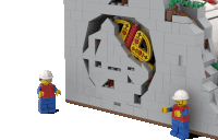 two lego figures are standing next to each other in front of a wall