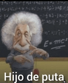 a cartoon of albert einstein standing in front of a blackboard with the words hijo de puta written on it .