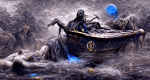 a painting of the grim reaper in a boat with the letter m on it