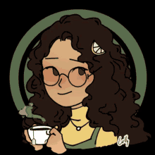 a drawing of a girl with curly hair and glasses holding a cup of coffee