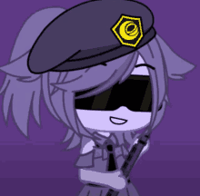 a girl with purple hair is wearing a beret and sunglasses and holding a gun